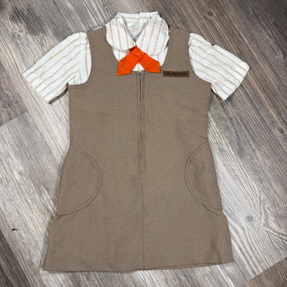 Vintage Girl Scouts USA Brown Jumper Dress and Striped Blouse Uniform Set Size 6